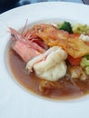 Noodle seafood with jumbo prawn.