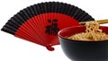 Noodle soup asian with chopsticks and red fan Royalty Free Stock Photo
