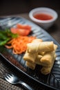 Noodle spring rolls with vegetable on black plate Royalty Free Stock Photo