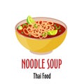 Noodle thai soup icon, spicy tasty dish in colorful bowl isolated vector illustration.