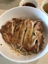 Noodle topped with charcoal grilled chicken.