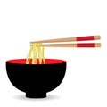 Japanese noodles with chopsticks in a black bowl on white background Royalty Free Stock Photo