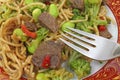 Noodles beef and vegetables with fork