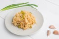 Noodles with bell pepper on plate