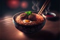 Noodles in bowl with chopsticks on a wooden background. Royalty Free Stock Photo