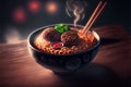 Noodles in bowl with chopsticks on wooden table. 3d illustration Royalty Free Stock Photo