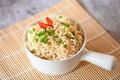 noodles bowl with vegetable spring onion and chili on wooden table food , instant noodles cooking tasty eating with bowl - noodle Royalty Free Stock Photo