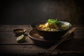 Noodles in a bowl on a wooden table. Dark background. Royalty Free Stock Photo