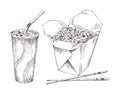 Noodles in Box and Paper Cup Drink Sketch Icon Set