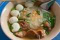 Noodles, braised pork meatballs water taste.