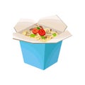 Noodles in cardboard box with mushrooms and tomatoes. Takeaway food. Flat vector design for promo poster or flyer