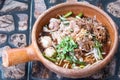 The noodles, generously adorned with succulent pieces of pork and delectable meatballs,