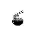 Noodles icon. A bowl of noodles and chopsticks. Asian traditional cuisine. Logo illustration. Solid vector black icon