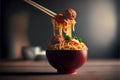 Noodles with meatballs and sauce in bowl on wooden table Royalty Free Stock Photo