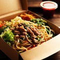 Noodles with pork and vegetables in take-out box on wooden table Royalty Free Stock Photo