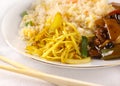 Noodles, rice and stir-fry beef meal