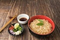 Noodles with sauce or shoyu and ingredient on table wood vintage backgroound in close up. Royalty Free Stock Photo