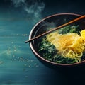 noodles with sesame seeds and lemon in a bowl on a wooden table