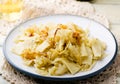 Noodles with stewed cabbage.