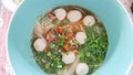 Noodles Thailand food with meat and vegetables in white Large bowl. Top view healthy food delicious.tranditional cooking fastfood Royalty Free Stock Photo