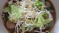 Noodles Thailand food with meat and vegetables in white Large bowl. Top view healthy food delicious.tranditional cooking fastfood Royalty Free Stock Photo