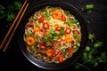 Noodles with vegetables in a bowl on a black background, Chinese noodle soup with vegetables on a black wooden background, top Royalty Free Stock Photo