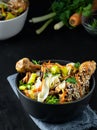 Noodles with vegetables, chicken and teriyaki sauce, closeup Royalty Free Stock Photo