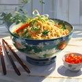 noodles with vegetables in a fancy bowl fancy cutlery, hd detailed illustration abstract background