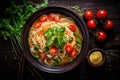 Noodles with vegetables and herbs in a bowl on the table, Chinese noodle soup with vegetables on a black wooden background, top Royalty Free Stock Photo