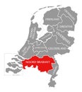 Noord Brabant red highlighted in map of Netherlands