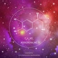 Noradrenaline neuro transmitter and hormone molecule and formula in front of cosmis background. Brain chemistry infographic