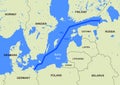 Nord Stream 1 and 2 on map, natural gas pipelines from Russia to Germany