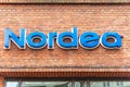 Nordea bank in Aarhus. 18-08-2021 logo on a facade. Nordea bank is a Swedish financial services group operating in Northern Europe