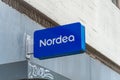Nordea bank in Aarhus. 18-08-2021 logo on a facade. Nordea bank is a Swedish financial services group operating in Northern Europe