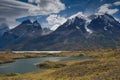 Nordenskjold lake and Cordillera Paine with the Paine Horns in the foreground and the Towers of Paine in the background.