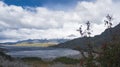 Nordenskjold lake view, with snowy mountais in the back.