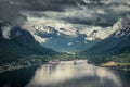 Nordfjord fjord with tourism cruise ships in summer in Norway