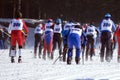 Nordic combined skiers get ready to start running the race at the World Cup Ski jumping at the Winter Olympics was held at the Royalty Free Stock Photo