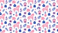 Nordic Dala horses and floral elements seamless pattern