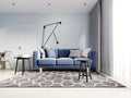Nordic design living room with a modern blue sofa and black side tables with decor. Scandinavian contemporary style. Design hinged