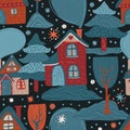 Nordic forest house seamless vector pattern.