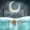 Nordic she gnome and rabbits in the snow night forest watercolor illustration Moonlight winter background enchanted snowy forest