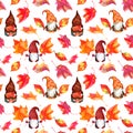 Nordic gnomes with autumn leaves seamless pattern. Watercolor red, yellow leaf fall repeated background Royalty Free Stock Photo
