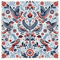 Nordic Harmony, Red and Blue Scandinavian Folk Art Pattern