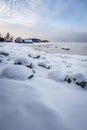 Nordic landscape with boathouses