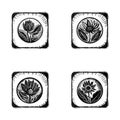 Nordic linocut floral in rustic frame motif for quirky logo set. Hand drawn botanical graphic in retro scandi style Royalty Free Stock Photo