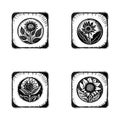 Nordic linocut floral in rustic frame motif for quirky logo set. Hand drawn botanical graphic in retro scandi style Royalty Free Stock Photo