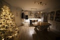 Nordic living room with christmas tree with warm, cozy atmosphere. Style and home interiors idea Royalty Free Stock Photo