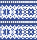 Christmas winter vector seamless navy blue pattern with snowflakes, inspired by Sami people, Lapland folk art design, traditional