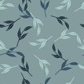 Nordic seamless patetrn with random leaf branches silhouetes. Blue background. Scandi doodle print